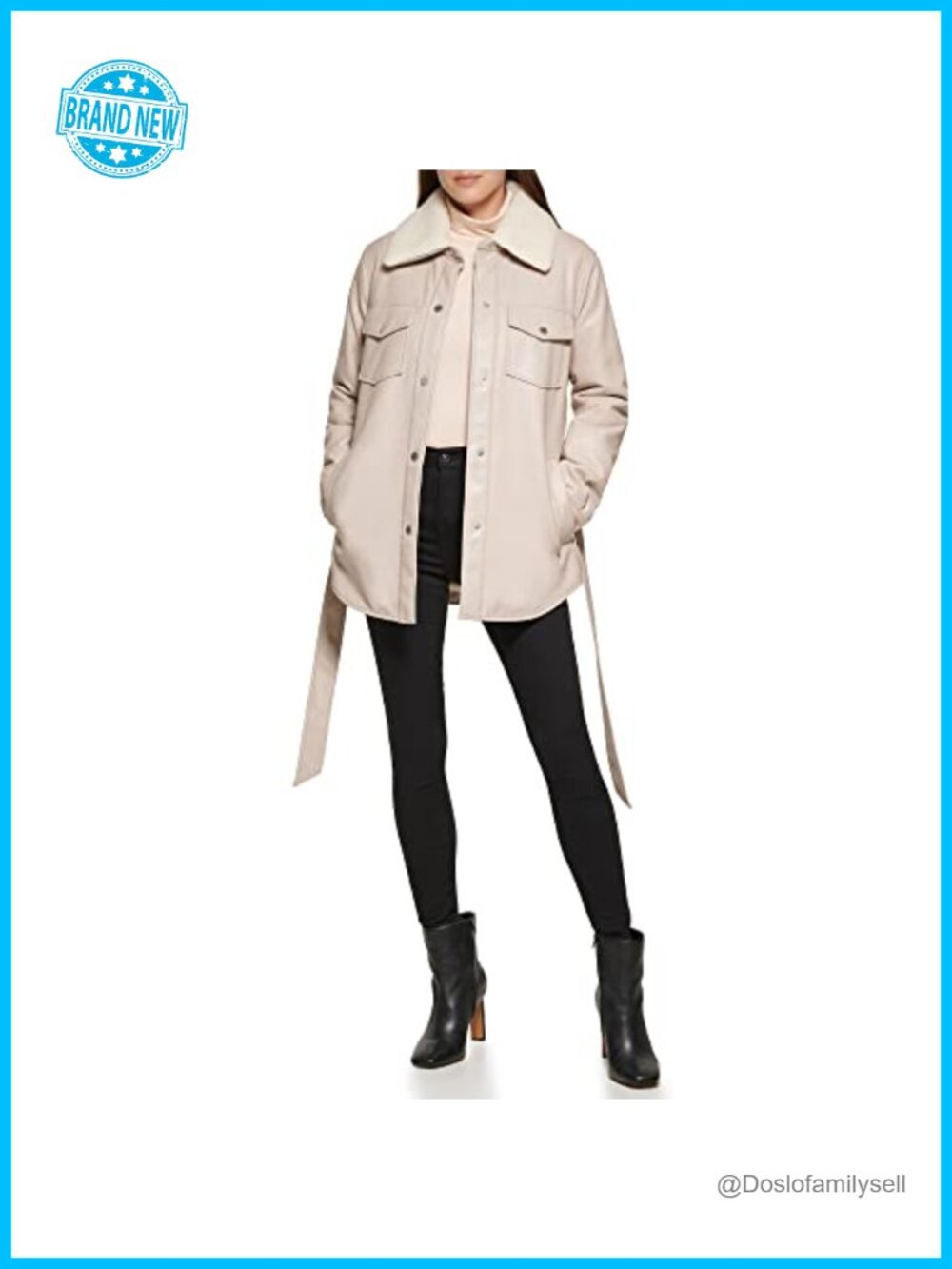 Faux-Leather Belted Trench Shacket with Sherpa Collar